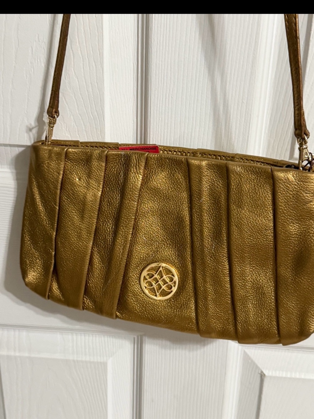 Antonio Melani Gold Metallic Genuine Leather Shoulder Bag Pleated Zip Purse